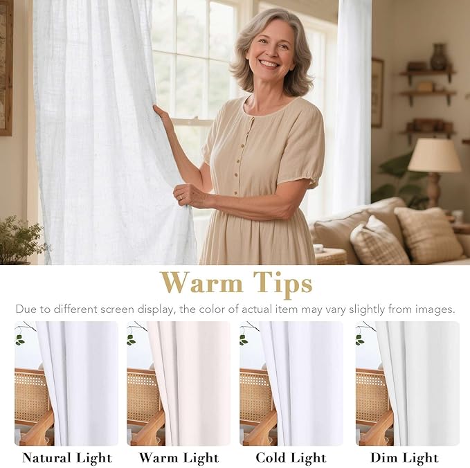 H.VERSAILTEX Elegant Natural Linen Semi Sheer Blended Energy Efficient Light Filtering Curtains/Nickel Grommet Window Treatments Panels/Drapes (Set of 2, Heathered White, 52" x 96")