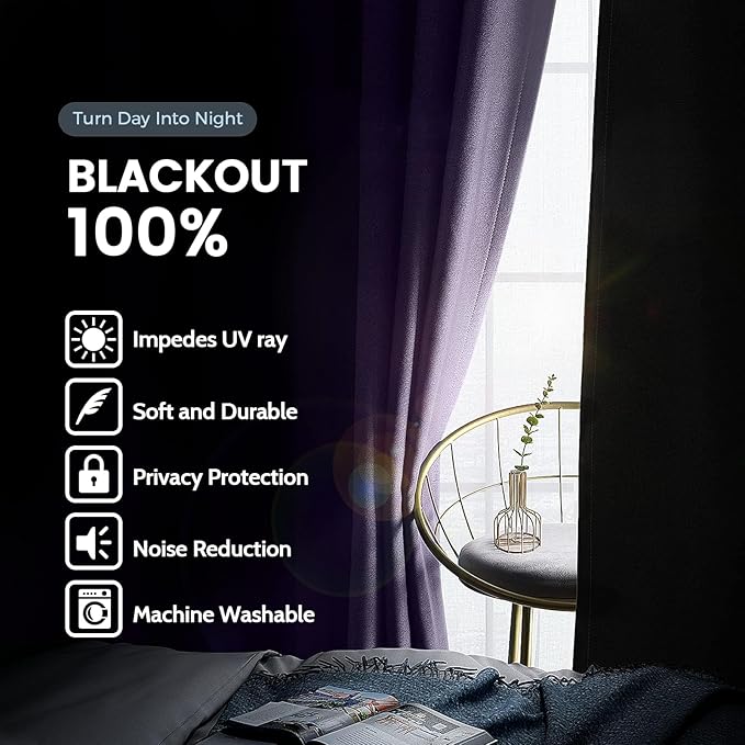 SimpleHome 100% Blackout Curtains for Bedroom,Thermal Insulated Lilac Grommet Window Drapes Room Darkening Curtains for Living Room with Black Back,42 x 45 Inch,2 Panels