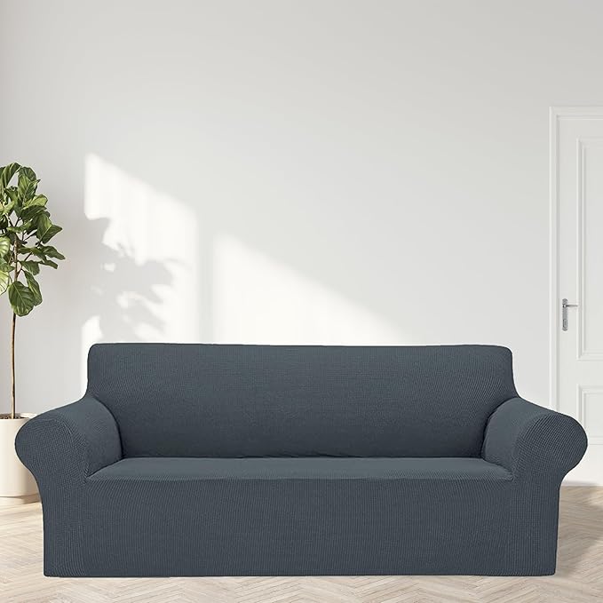 Cupuamon 2026 New Stretch Sofa Slipcovers Couch Cover for 3 Cushion Furniture Protector Sofa Covers with Elastic Bottom Jacquard Fabric Small Checks for Pets, Kids -Sofa, Grey