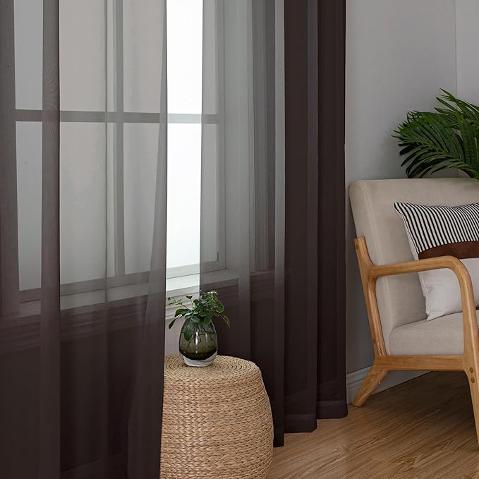 Simplebrand Chocolate Sheer Curtains 84 Inches Long, Light Filtering Rod Pocket Solid Color Window Sheer Curtain Panels, Elegant Curtains & Drapes for Living Room, Bedroom 2 Panels (42" W x 84" L)