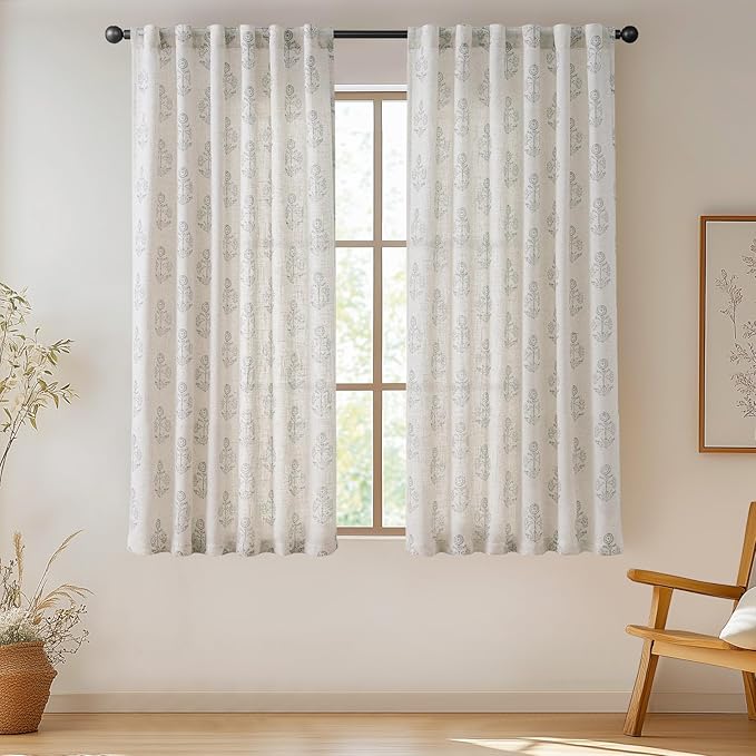jinchan Linen Floral Curtains for Living Room 63 Inch Length Gray Flower Cottage Core Farmhouse Curtains Rod Pocket Back Tab Boho Semi Sheer Window Drapes Bedroom Set 2 Panels Grey on Beige