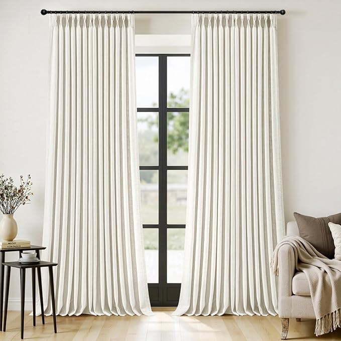 MIULEE Pinch Pleated Thick Linen Curtains 102 Inches Long 2 Panels for Living Room Bedroom, Linen Texture Pleat Drapes Memory Trained Light Filtering Neutral Ivory Cream Farmhouse Window Curtains