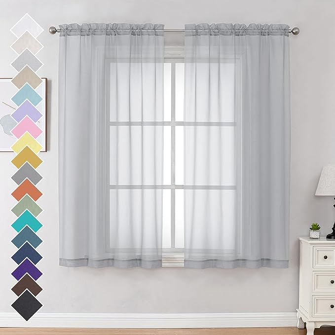 OVZME Light Grey Sheer Curtains 63 Inches Long 2 Panels - Soft Light Filtering Window Sheer Panels for Living Room/Bedroom, Top Dual Rod Pocket, 1 Pair, Each 42Wx63L Inches