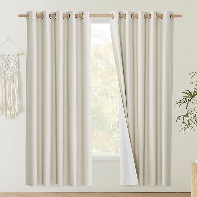 NICETOWN Natural Bedroom Full Blackout Linen Curtain Panels Set of 2, 62" by 72", Thick Insulated Classic Grommet Blackout Draperies with White Thermal Insulated Liner for Windows