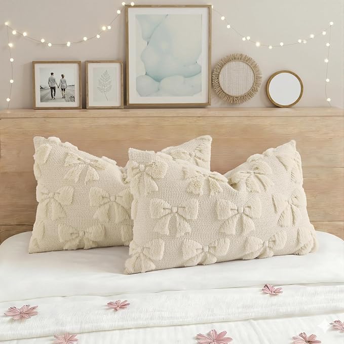 decorUhome Beige Bow Pillow Covers Set of 2 Coquette Aesthetic Cute Preppy Plush Faux Pillowcases for Girly Bedroom or Couch 12x20 Inch