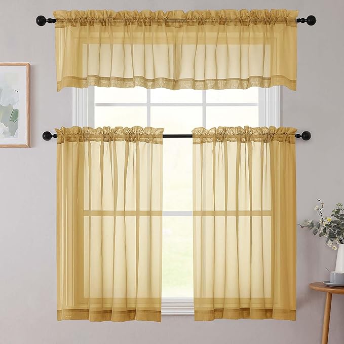 Chyhomenyc Gold Sheer Curtains 36 inch Length 2 Panels Set, Light Filtering Voile Rod Pocket Short Window Curtians for Bathroom Living Room Farmhouse Small Windows, Each 42Wx36L in, 2PCS, Gold
