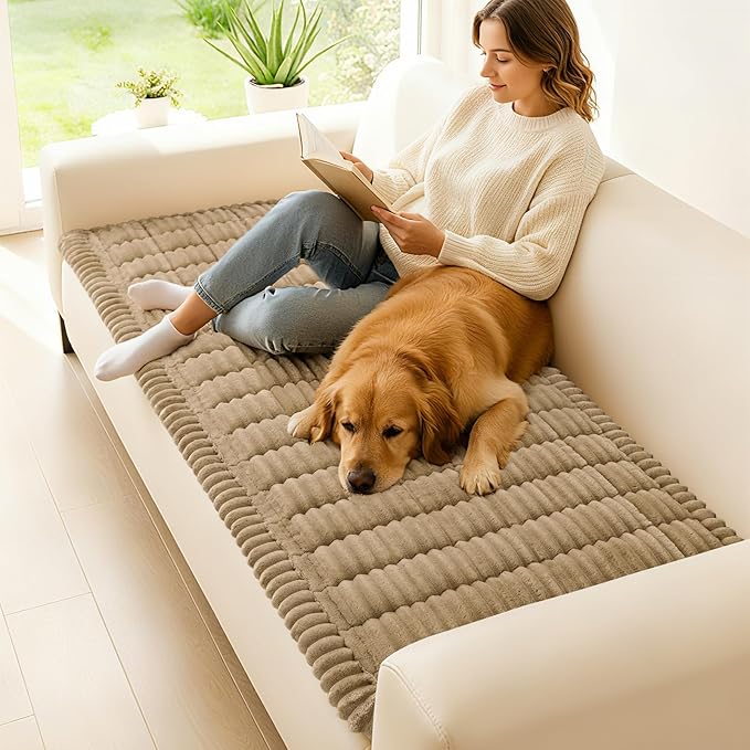hyha Couch Covers for Dogs Washable, Non Slip Plush Dog Sofa Protectors, Fuzzy Pet Couch Covers for 3 Cushion Sofa Pet Friendly (Khaki, 27.6" x 82.7")