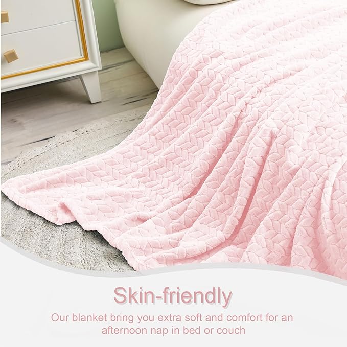 Exclusivo Mezcla Fleece King Size Blanket for Bed, 90x104 Inches Soft Cozy Jacquard Flannel Blankets, Lightweight Fuzzy Plush Warm for Women, Light Pink