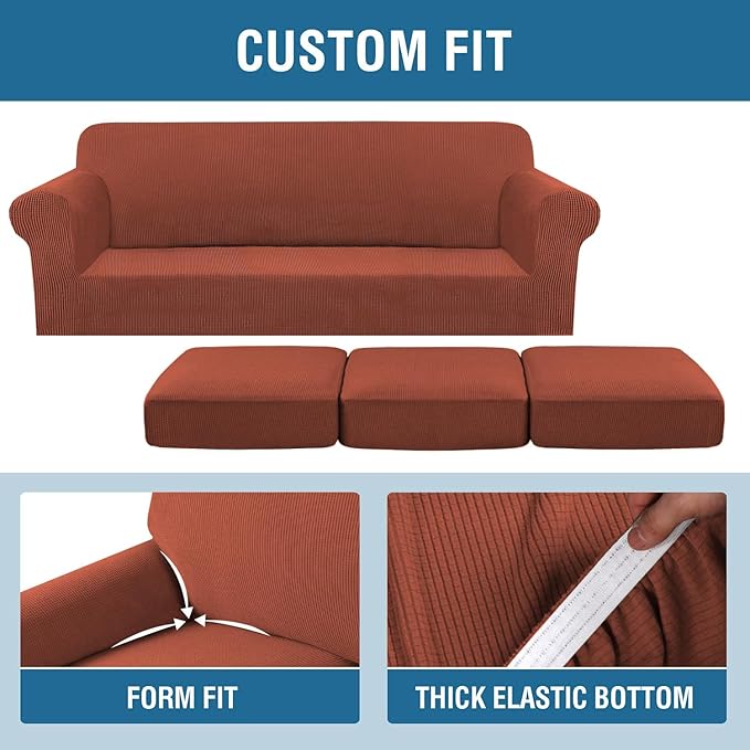H.VERSAILTEX 4 Piece Stretch Sofa Covers for 3 Cushion Couch Covers Furniture Slipcovers for Living Room (1 Base Cover Plus 3 Seat Cushion Covers) Thicker Jacquard Fabric Cover (XL Sofa, Rust)