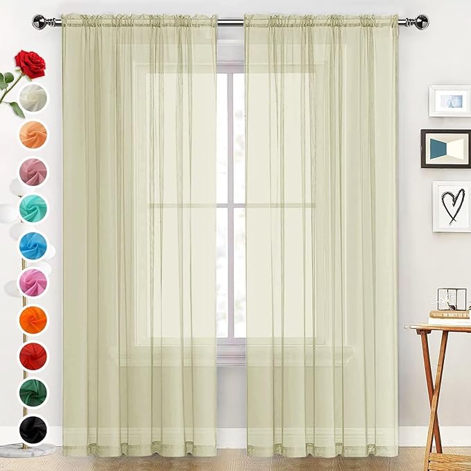 SpaceDresser Basic Rod Pocket Sheer Voile Window Curtain Panels Sage Green 1 Pair 2 Panels 52 Width 90 Inch Long for Kitchen Bedroom Children Living Room Yard（Sage Green, 52W x 90L）