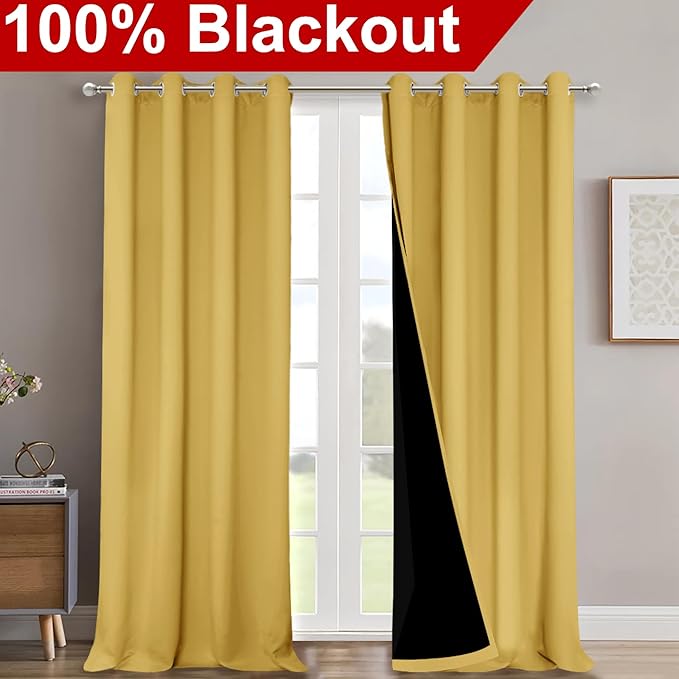 NICETOWN 100% Blackout Blinds, Laundry Room Decor Window Treatment Curtains for Large Patio Sliding Door, Thermal Insulated Bright Yellow Curtains for Bedroom, Set of 2, 52 inches x 108 inches