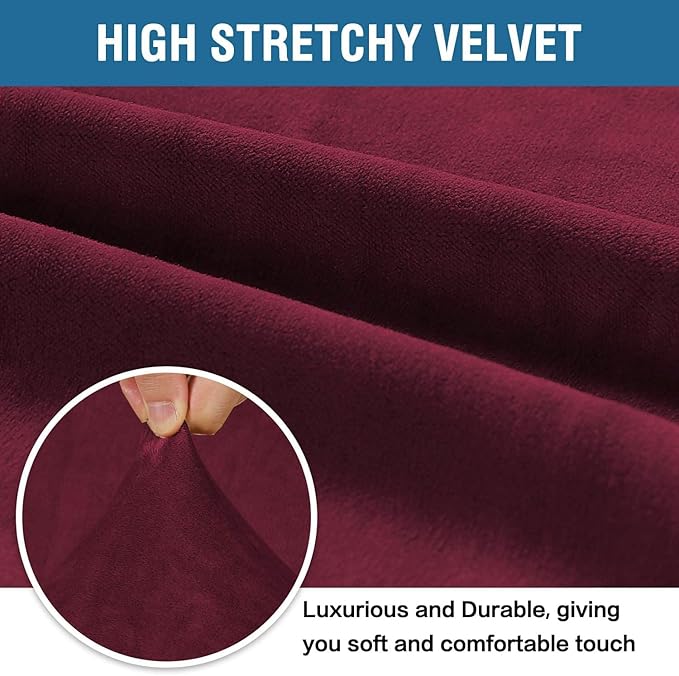 H.VERSAILTEX Stretch Velvet Sofa Covers for 3 Cushion Couch Covers Sofa Slipcovers Furniture Protector Soft with Non Slip Elastic Bottom, Crafted from Thick Comfy Rich Velour (Sofa 72"-90", Burgundy)