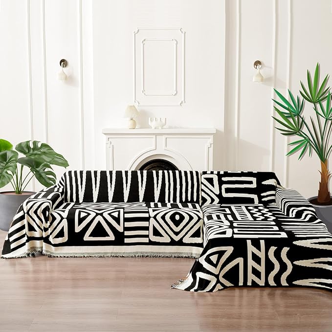 HANDONTIME Armchair Boho Sofa Covers for Dogs Black Couch Sofa Covers for Chair Recliner Beige Chenille Sofa Slipcover Couch Covers for Sectional Sofa Pets Protector Furniture Covers, 71" X102"