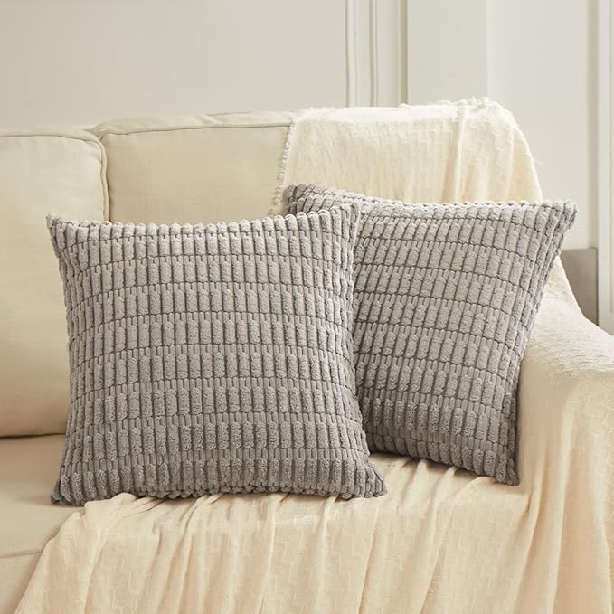 Fancy Homi 4 Packs Grey Decorative Throw Pillow Covers 22x22 Inch for Living Room Couch Bed, Rustic Modern Farmhouse Boho Home Decor, Soft Plush Corduroy Gray Cute Square Accent Cushion Case 55x55 cm