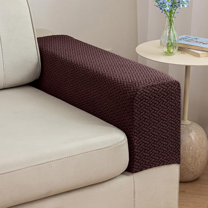 2Pcs Couch Arm Covers, Armrest Cover for Sofa, Sofa Arms Covers Washable Arms with Twist Pins Soft,Skin-Friendly for Pets (Texture Brown, Armrest Cover)