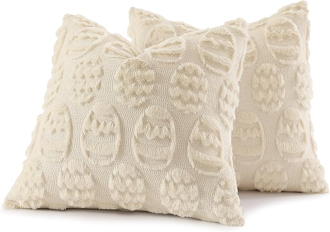 decorUhome Easter Beige Egg Pillow Covers 16x16 Inch Set of 2, Soft Plush Faux Wool Jacquard Cushion Covers, Farmhouse Neutral Fuzzy Spring Easter Holiday Decor for Couch Sofa Bed