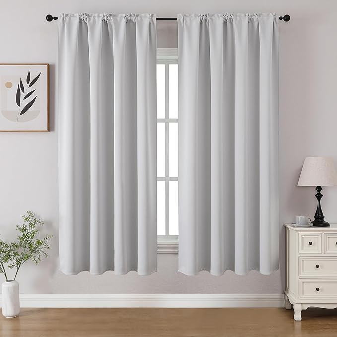 CUCRAF Grayish White Blackout Curtains 54 inch Length 2 Panels Set, Rod Pocket Room Darkening Drapes for Bedroom Living Room, Insulated Thermal Light Blocking Window Curtain (W52 x L54 Inch)