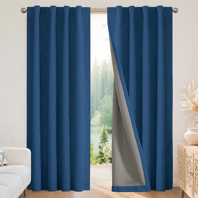 Joydeco Blackout Curtains for Bedroom - 100% Light Blocking 2 Panels Navy Blue Drapes 42" W x 108" L, Thermal Insulated Room Darkening Curtains, Linen Textured for Living Room, Rod Pocket & Back Tabs