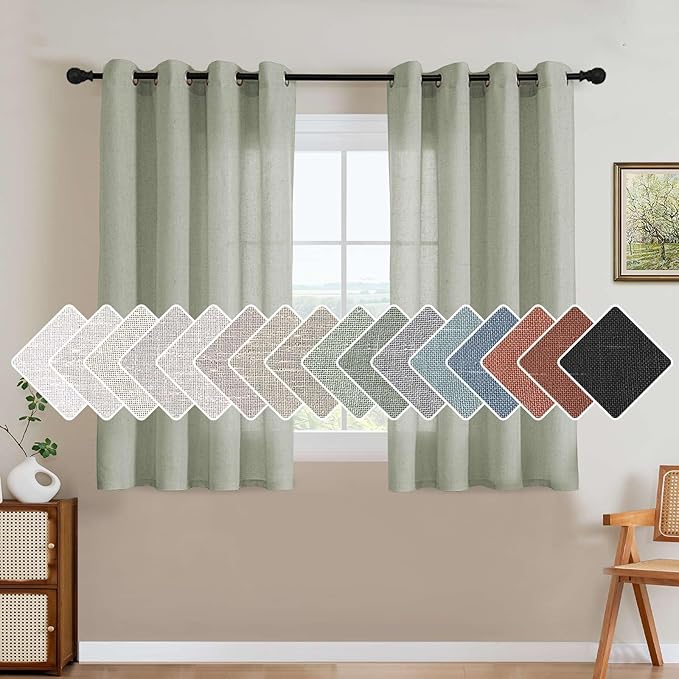 H.VERSAILTEX Elegant Natural Linen Blended Energy Efficient Light Filtering Linen Semi Sheer Textured Curtains/Nickel Grommet Window Treatments Panels/Drapes (Set of 2, Sage, 52 Inch x 45 Inch)