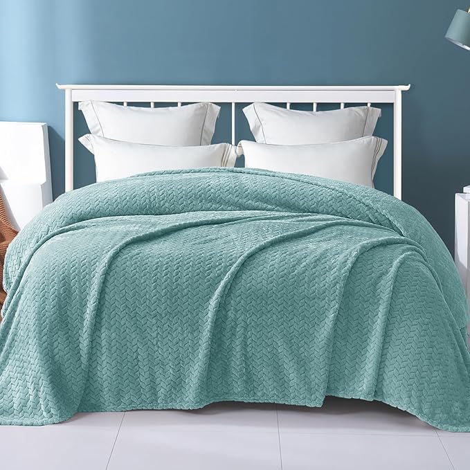Exclusivo Mezcla Fleece Queen Size Blanket for Bed, 90x90 Inches Soft Cozy Jacquard Flannel Blankets, Lightweight Fuzzy Plush Warm for Women, Celadon