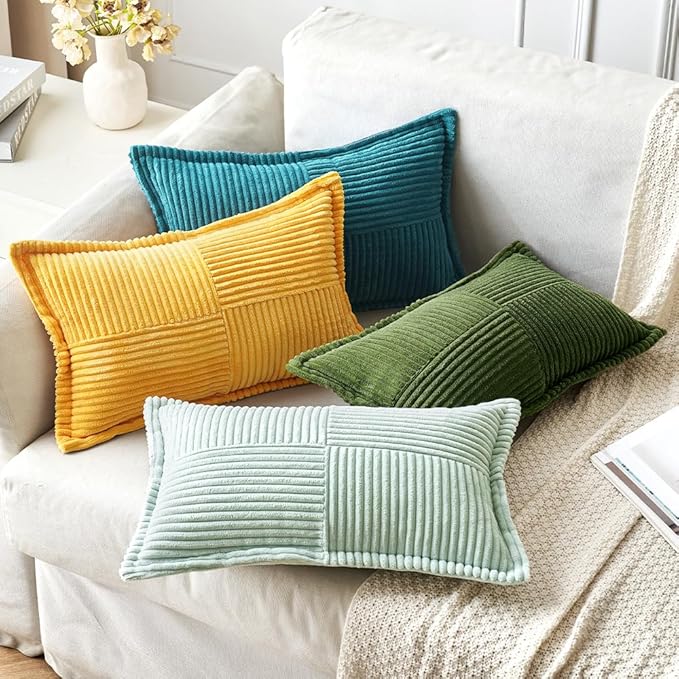 MIULEE Spring Decorative Lumbar Throw Pillow Covers for Couch Bed Livingroom 12x20 Inch Set of 2 Light Green Boho Accent Throw Pllows Broadside Striped Patchwork Soft Corduroy Summer Pillowcases