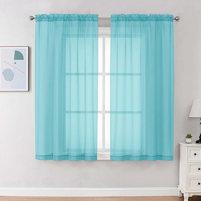 Chyhomenyc Sheer Curtains 63 Inch Length 2 Panels Set, Light Filtering Rod Pocket Window Curtain Treatment Drapes for Bedroom Living Room, Each 42Wx63L, Set of 2, Aqua