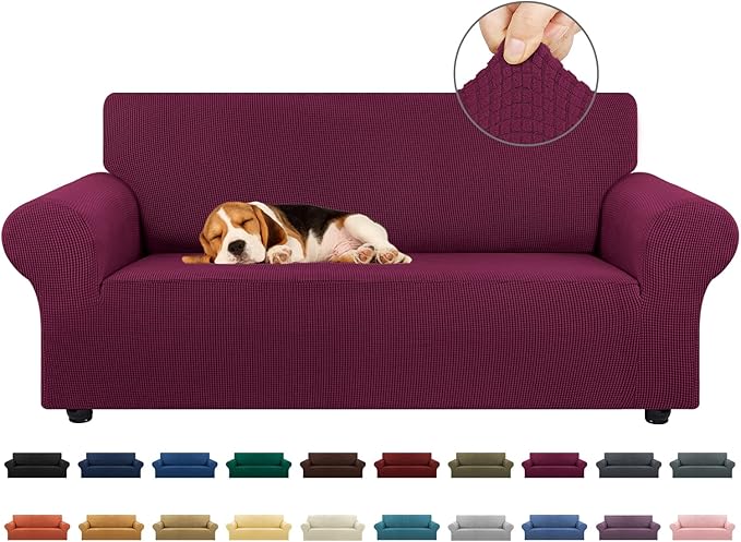 KEKUOU Stretch Loveseat Sofa Cover Slipcover,Couch Covers for 2 Cushion Couch Sofa (55"-78") Furniture Protector Sofa with Elastic Bottom for Kids,Dog. Jacquard Small Checked (Medium,Wine)