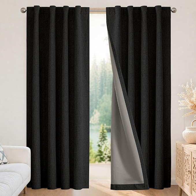 Joydeco Blackout Curtains for Bedroom - 100% Light Blocking 2 Panels Set Black Drapes 66" W x 90" L, Thermal Insulated Room Darkening Curtains, Linen Textured for Living Room, Rod Pocket & Back Tabs