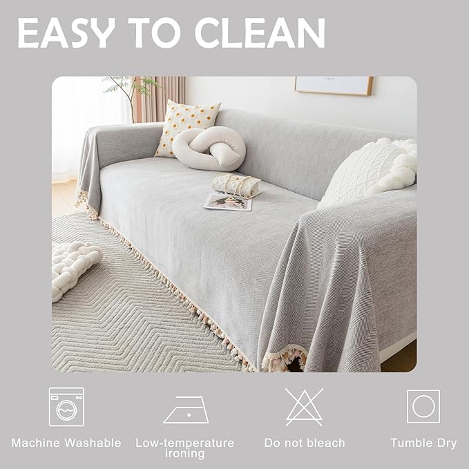 HANDONTIME Grey Sofa Cover for Couch Boho Couch Cover for 3 Seat Couches Dog Couch Cover Love Seat Couch Covers Light Grey Sectional Cover 91" X118" Tassel Chenille Herringbone Sofa Covers