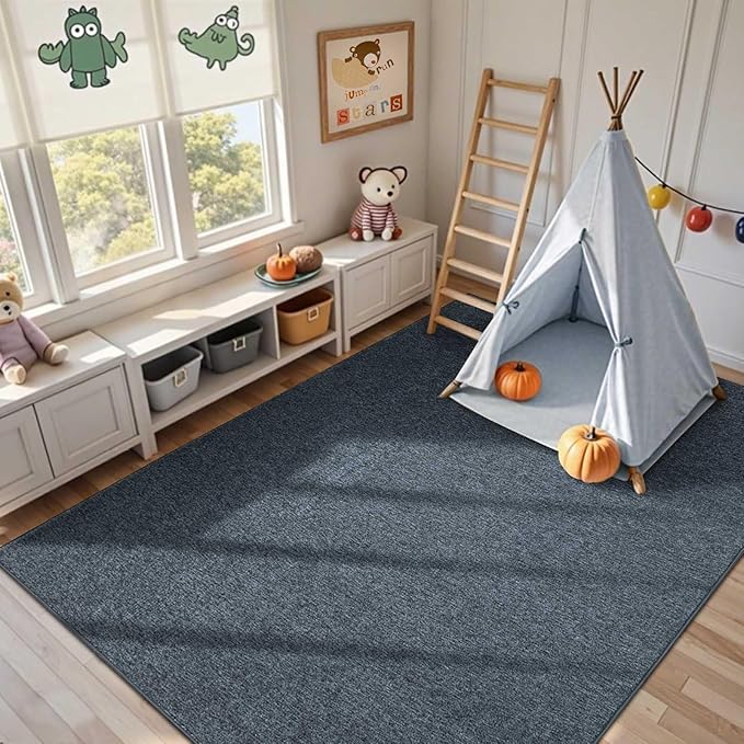 FinRèc 4x6 Washable Area Rugs for Bedroom Living Room, Low Pile Thin Rug Solid Color, Non-Slip Carpet Indoor for Home Decor (Navy Blue)