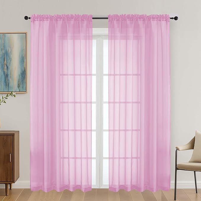 OVZME Light Pink Sheer Curtains 72 Inches Long 2 Panels Set, Light Filtering Sheer Curtains for Living Room Bedroom 59 Inch Extra Wide, Modern Voile Filmy Rod Pocket Window Drapes, 59Wx72L Inches