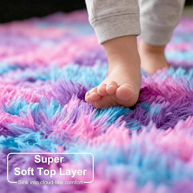 Amdrebio Hot Pink Rainbow Round Circle Area Rug 5Ft for Girls Bedroom, Fluffy Cute Fuzzy Colorful Pastel Kids Rugs for Nursery Playroom Classroom, Unicorn Shag Princess Carpet for Baby Toddler Teen