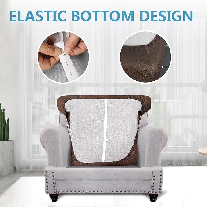 Leather Look Couch Cushion Covers Sofa Seat Slipcovers Sets Couches Furniture Protector for Sectional Armchair Loveseat Pets Kids Stretch Spandex Fabric (1 T-Cushion Armchair, Brown)