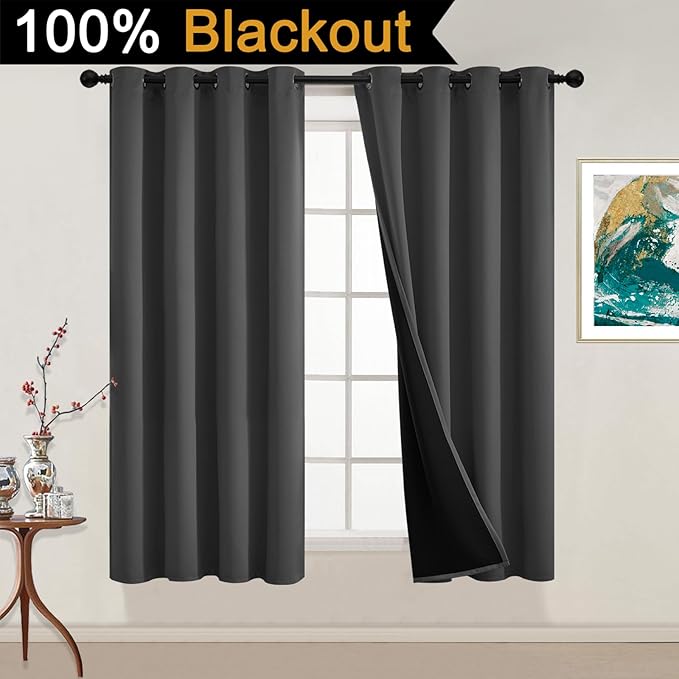 Yakamok 100% Blackout Curtains, 2 Thick Layers Thermal Insulated Total Blackout Drapes for Bedroom, Heat Blocking Window Curtains for Living Room(Charcoal Grey, 52Wx54L, 2 Panels)