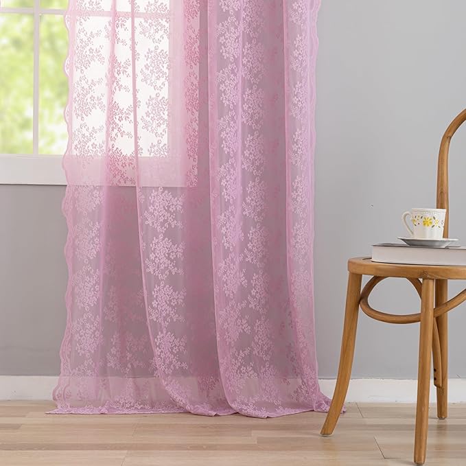 YJ YANJUN Vintage Lace Curtains 72 Inches Long-Victorian Floral Pattern Lalic Sheer Curtain Panels for Living Room Bedroom,Light Filtering, Cute Girls Drapes 2 Panels 52W x 72L Purple Blush