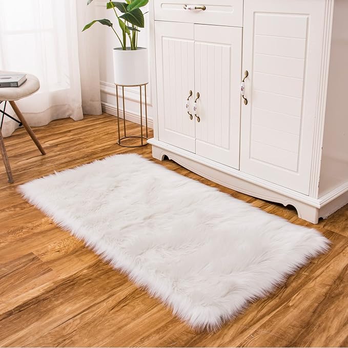 EasyJoy Ultra Soft Fluffy Shaggy Area Rug Faux Fur Rug Chair Cover Seat Pad Fuzzy Area Rug for Bedroom Floor Sofa Living Room (2 x 4 ft Rectangle, White)