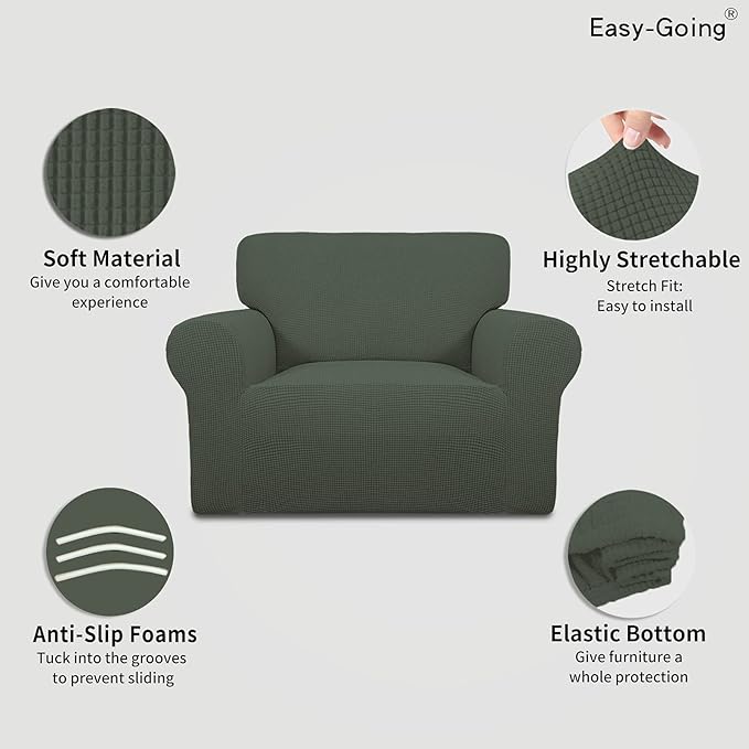 Easy-Going Stretch Oversized Chair Sofa Slipcover 1-Piece Couch Sofa Cover Furniture Protector Soft with Elastic Bottom for Kids Spandex Jacquard Fabric Small Checks Olive Green