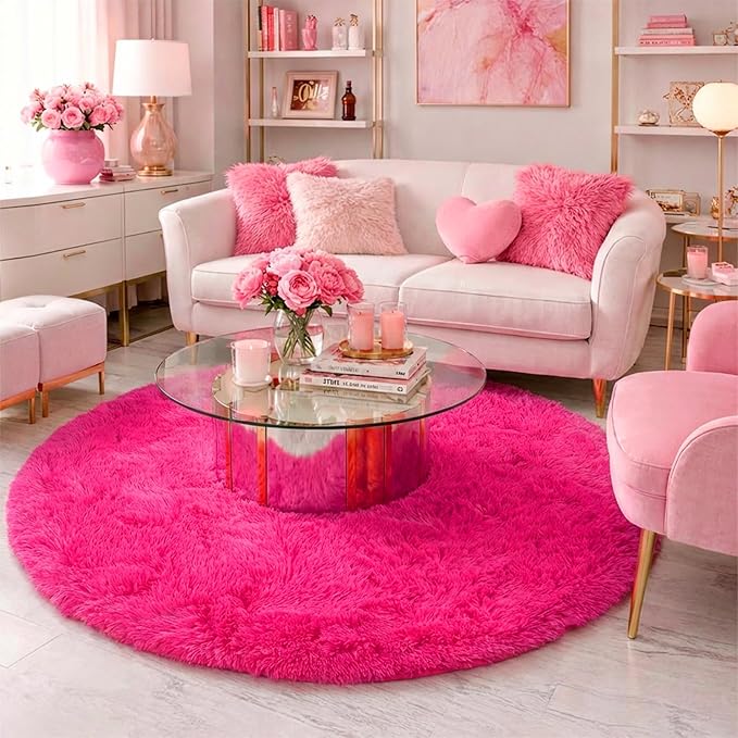 Hot Pink Round Circle Rug 6Ft for Girls Bedroom, Big Fluffy Area Rugs for Kids Room Decor Aesthetic, Shag Plush Fuzzy Furry Carpet for Living Room Nursery Dorm Classroom, Cute Teen Baby Preppy Rug