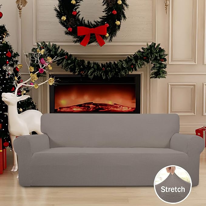 Easy-Going Stretch Sofa Slipcover 1-Piece Sofa Cover Furniture Protector Couch Soft with Elastic Bottom for Kids, Polyester Spandex Jacquard Fabric Small Checks (Sofa, Taupe)