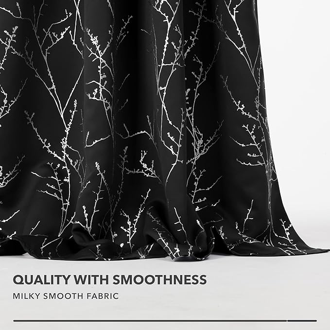 Deconovo Black Blackout Curtains, Thermal Insulated Soundproof Privacy Curtain Drapes, Branch Foil Print, 52 x 95 Inch Long, 2 Panels, Machine‑Washable Window Panel for Bedroom Living Room Office Home