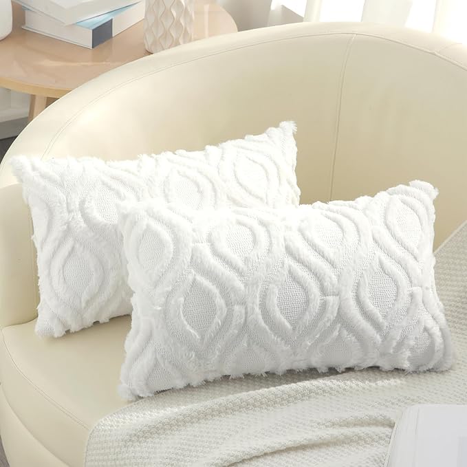 decorUhome Throw Pillow Covers 12x20 Inch Set of 2, Soft Plush Faux Wool White Solid Couch Pillow Covers, Accent Farmhouse Neutral Rectangle Pillow Cases for Sofa Bed Living Room