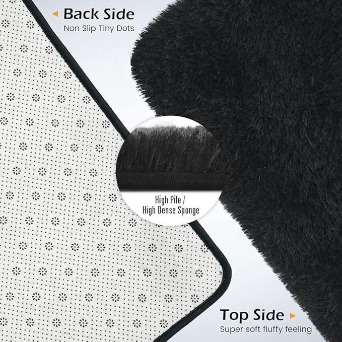 Amearea Premium Soft Area Rug 4x5.3 Feet, Black Rugs for Living Room, Fluffy Carpet for Bedroom Nursery Playroom Teen Home Decor, Comfortable Indoor Furry Dorm Carpets, Black