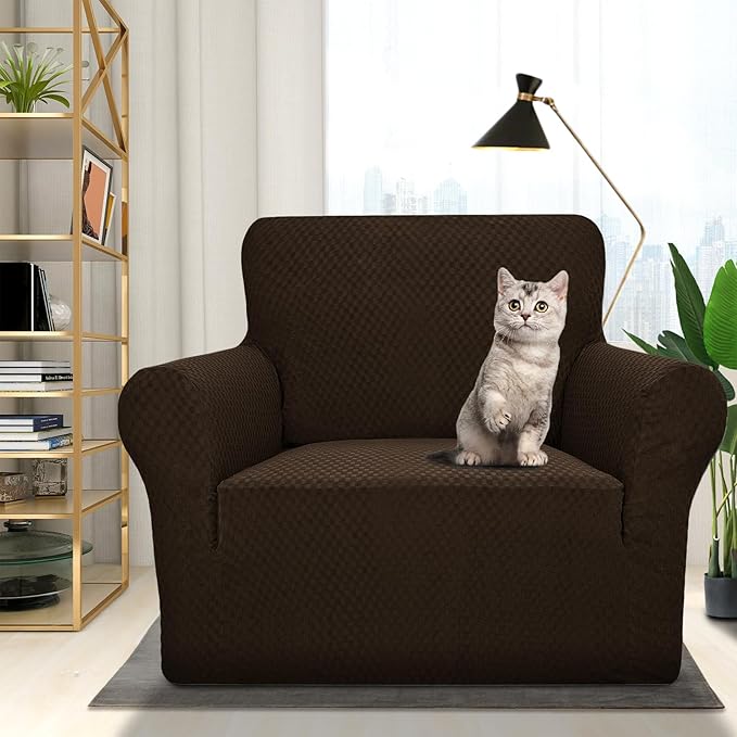 ZNSAYOTX 1 Piece Jacquard Chair Slipcovers for Living Room High Stretch Chair Covers with Arms Anti Slip Pets Friendly Couch Sofa Armchair Cover Furniture Protector (Chair, Dark Coffee)