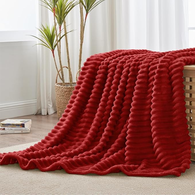 BEDELITE Fleece Throw Blanket for Couch - 300GSM Soft & Warm Fluffy Burgundy Blanket, Decorative and Giftable Striped Blankets for Women, Men, 50"x60"