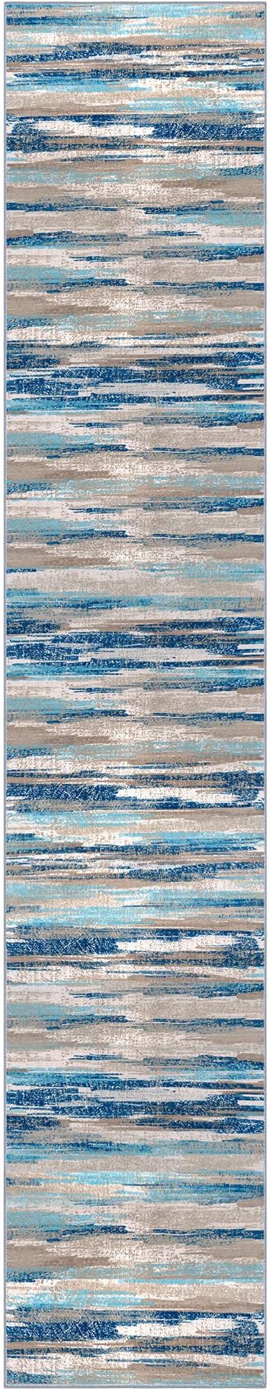 Lansny Modern Abstract Runner Rug 3x14, Blue Washable Long Kitchen Runner Non-Slip Soft Hallway Rug Runner Ultra Thin Print Faux Wool Carpet for Entryway Bedroom Laundry Room Indoor Home Decor