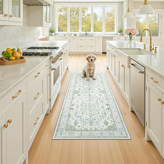 Area Rugs 2'x6' Runner Rug Non Slip Washable for Kitchen Hallway Bedroom Beside Laundry Room Bathroom Rug, Floor Carpet, Green White Blue