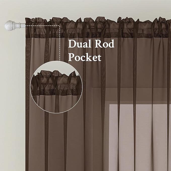 MIULEE Chocolate Brown Sheer Curtains 96 Inches Long 2 Panels, Light Filtering Voile Drapes with Rod Pocket for Bedroom and Living Room Windows