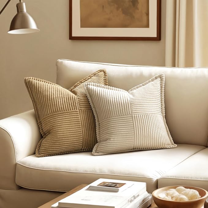 MIULEE Decorative Throw Pillow Covers for Couch Bed Livingroom 12x12 Inch Set of 2 Beige Boho Accent Throw Pllows Broadside Striped Patchwork Soft Corduroy Pillowcases