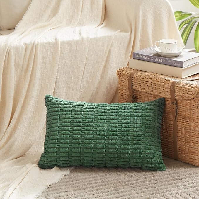 Fancy Homi Set of 4 Green Lumbar Rectangle Decorative Throw Pillow Covers 16x24 Inch for Couch Bed Chair, Aesthetic Boho Room Decor, Soft Fuzzy Thick Corduroy Textured Cushion Case 40x60cm