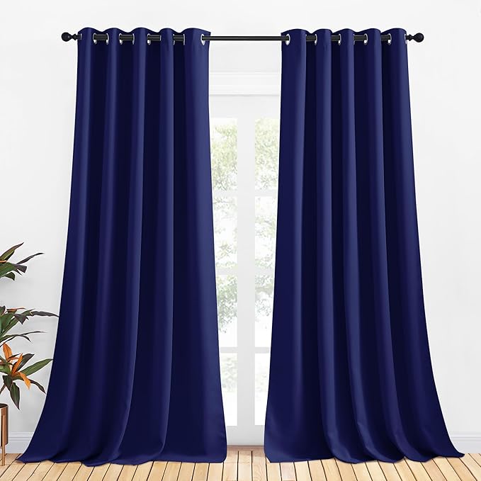 NICETOWN Bedroom Curtains Blackout Drapery Panels, 2 Panels, 70 x 108 inches, Royal Blue, Three Pass Microfiber Thermal Insulated Solid Ring Top Blackout Window Curtains/Drapes